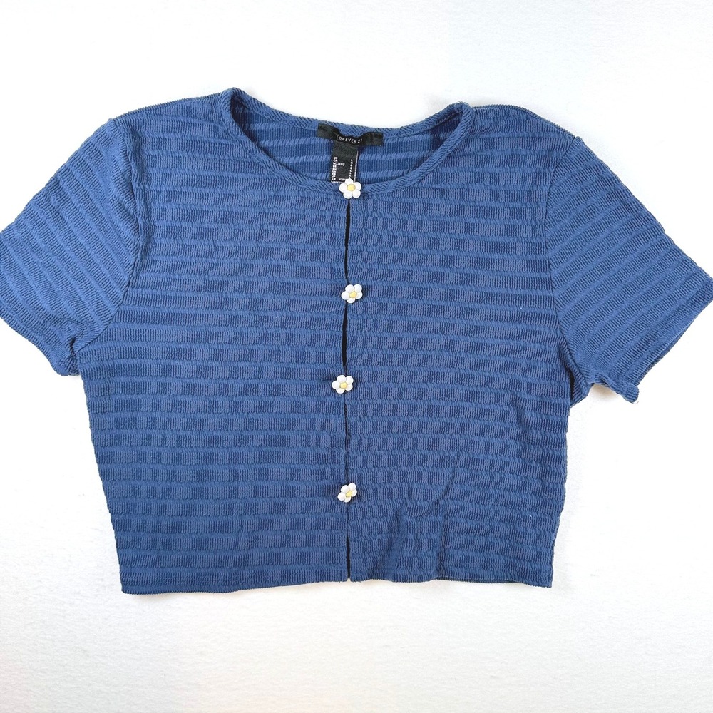 Y2K‎ Blue Smocked Cropped Cardigan Short Sleeve Daisy Flower Button Large